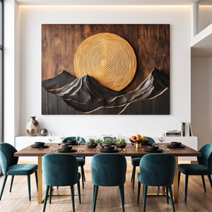 Wall Sculpture Mountain Sunset with Golden Sun and Layered Peaks
