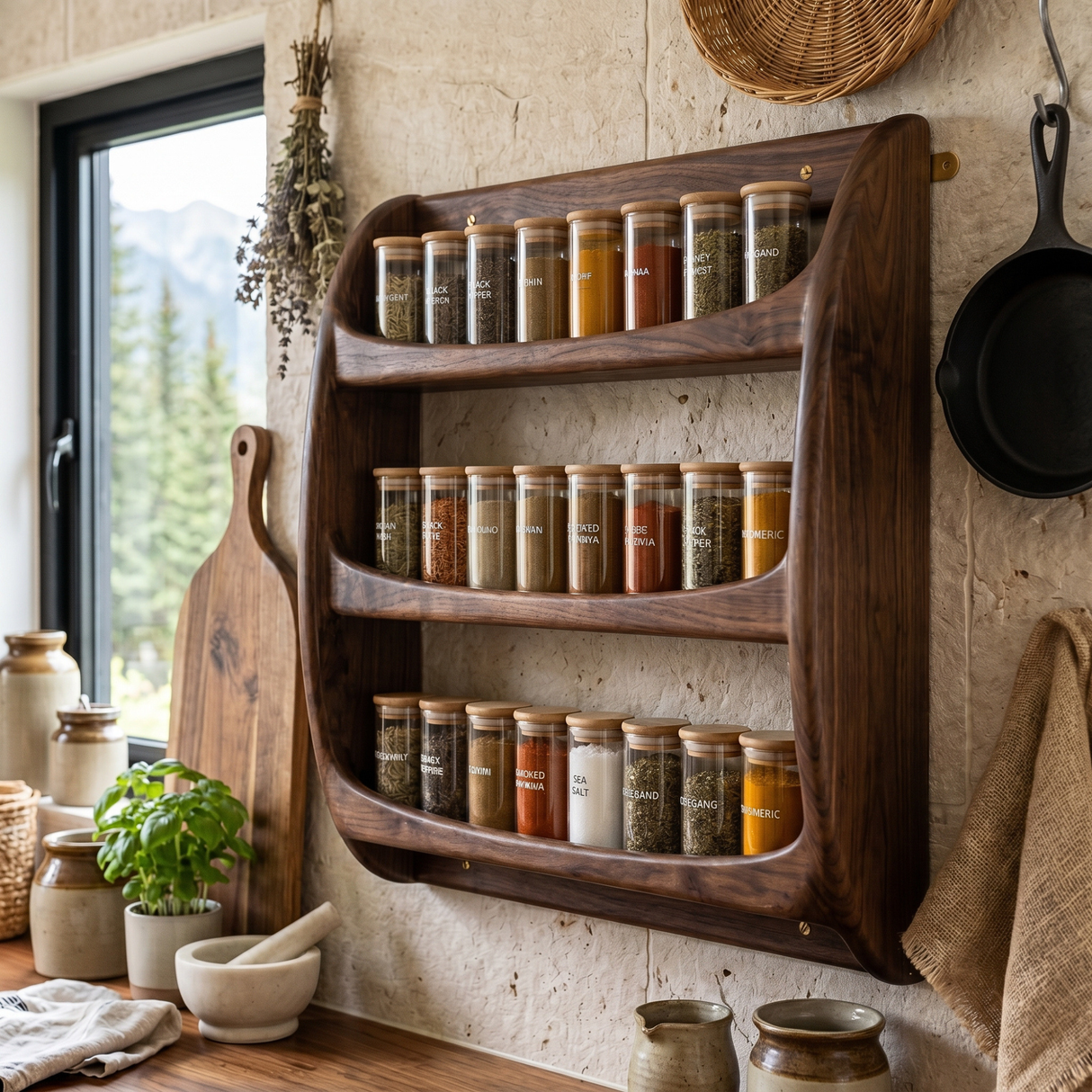 Solid Wood Wall Spice Rack with Rounded Three-Tier Open Shelf Design