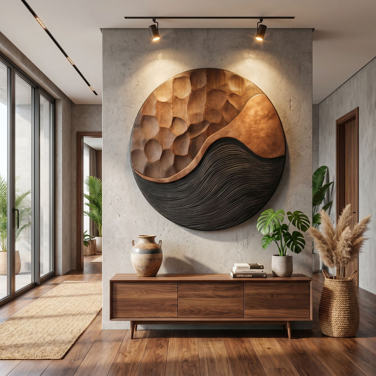 Handcrafted Oval Wood Wall Art with Black Wave Texture and Carved Mosaic Relief