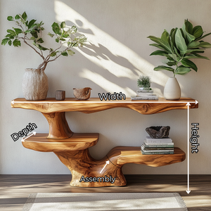 Solid Wood Console Table with Asymmetrical Floating Shelves and Sculptural Trunk Base