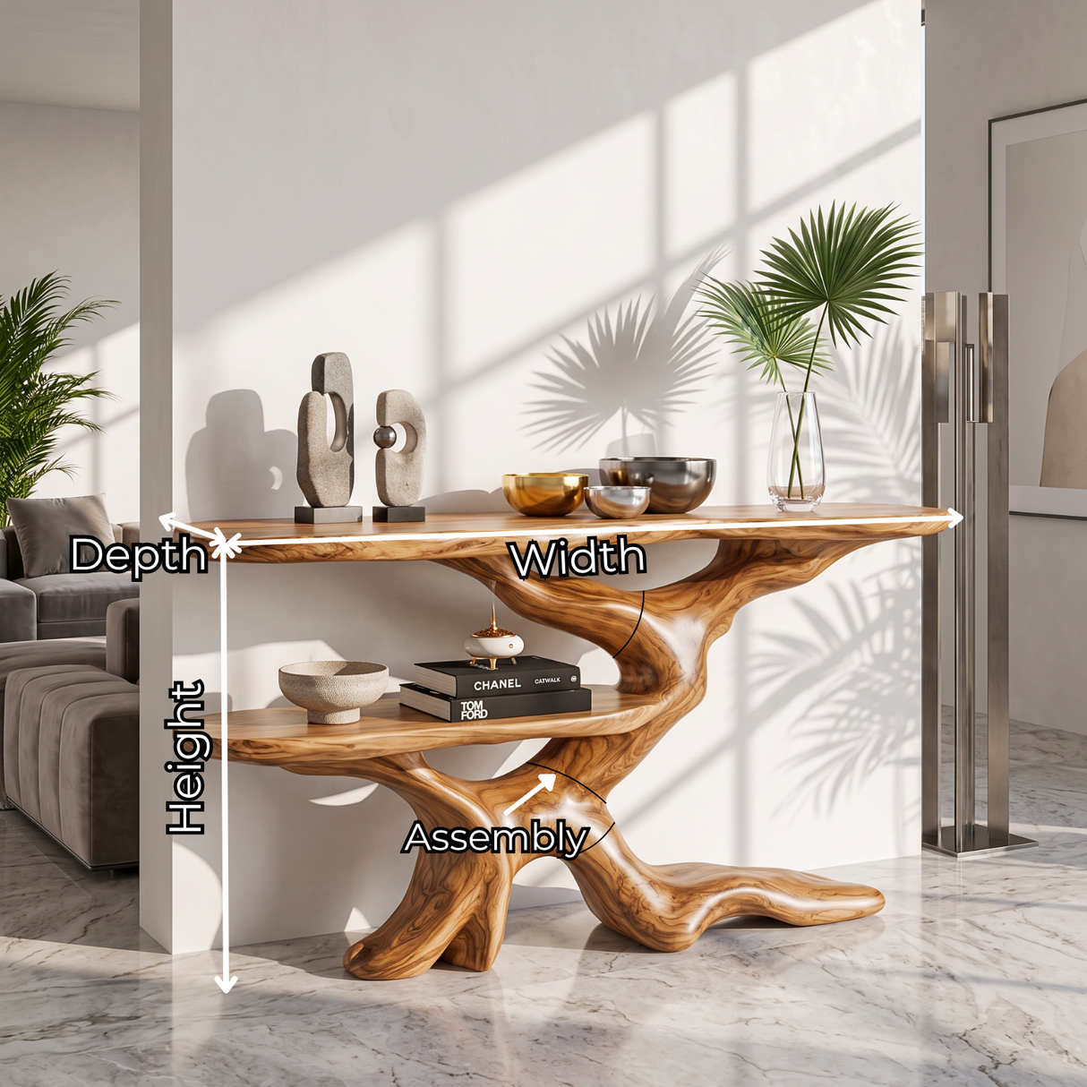 Console Table Solid Wood with Sculptural Branching Two Tier Base for Entryway Decor