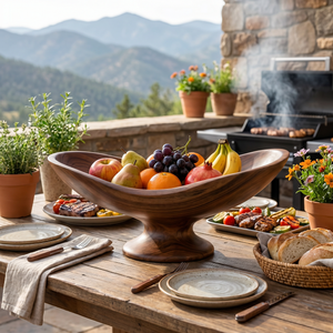 Solid Wood Boat-Shaped Fruit Bowl with Low Sculptural Pedestal Base
