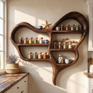 Organic Solid Wood Wall Spice Rack with Sculptural Open Shelf Design
