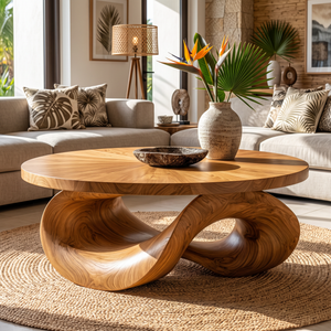 Coffee Table Solid Wood with Sculptural Intertwined Loop Base
