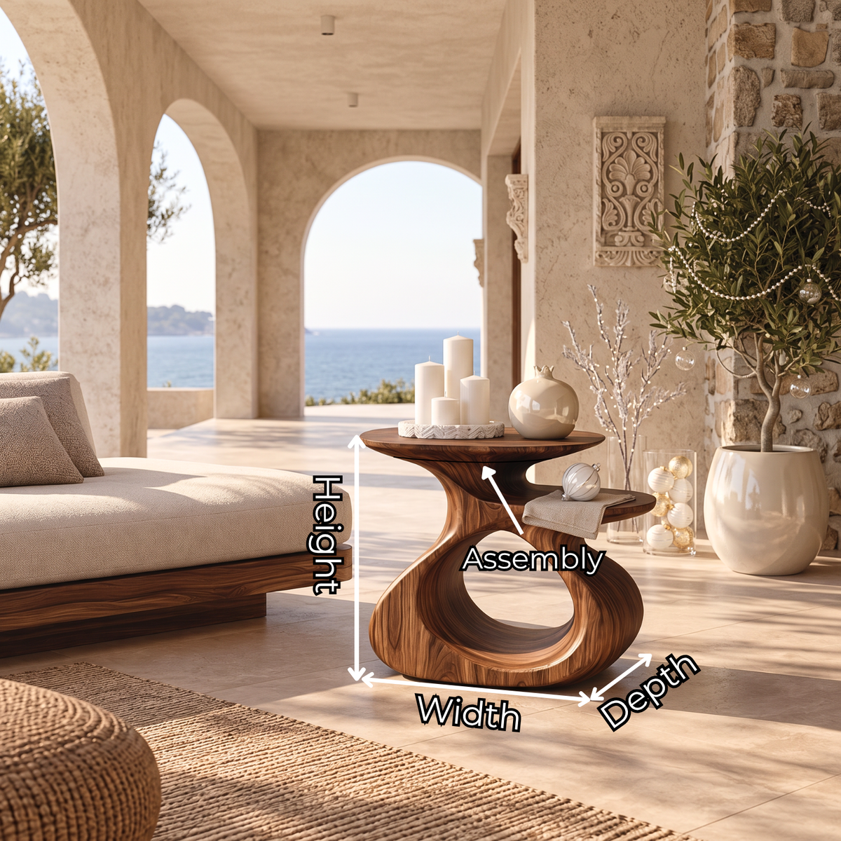 Sculptural Solid Wood Side Table with Open Loop Base and Offset Shelf