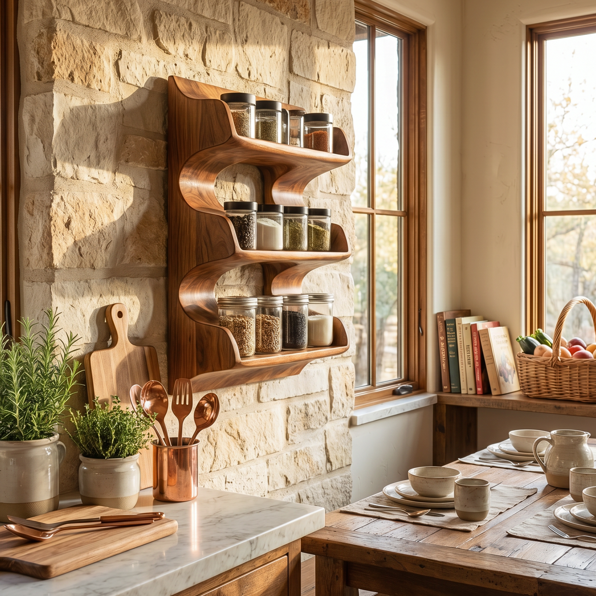 Solid Wood Organic Wall Spice Rack with Flowing Three Shelf Design