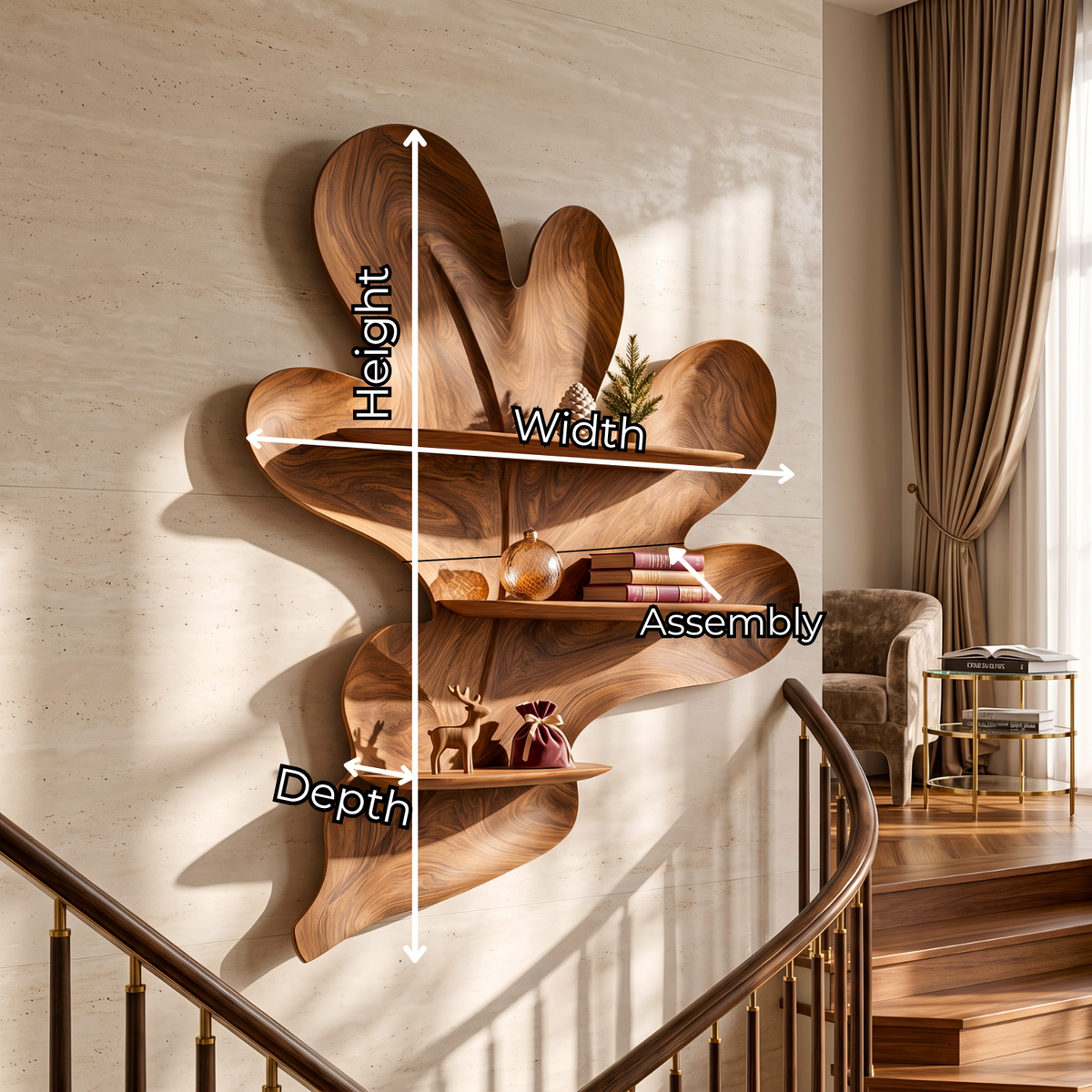 Organic Botanical Solid Wood Wall Shelf with Sculptural Leaf Display Shelves
