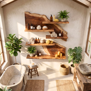 Live Edge Wooden Bathroom Shelf Handmade Floating Solid Wood Wall Storage Organizer