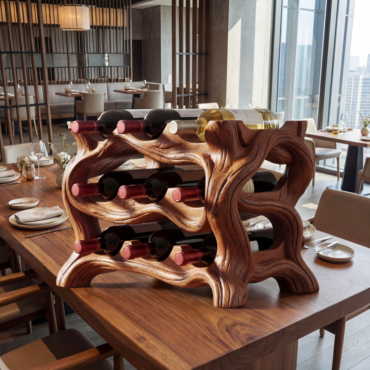 Organic Wave Solid Wood Wine Rack Sculptural Multi Tier Bottle Holder for Dining Table Display