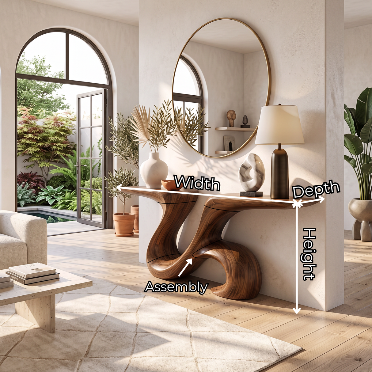 Console Table Solid Wood with Sculptural Double Wing Base for Entryway Decor