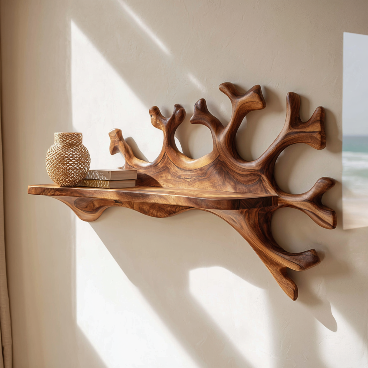 Handcrafted Solid Wood Coral Reef Wall Shelf with Display Ledge