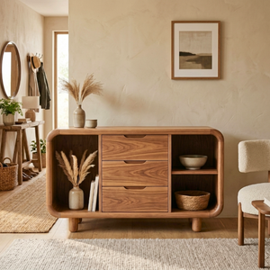 Solid Wood Sideboard Cabinet with Three Drawers and Rounded Display Bays