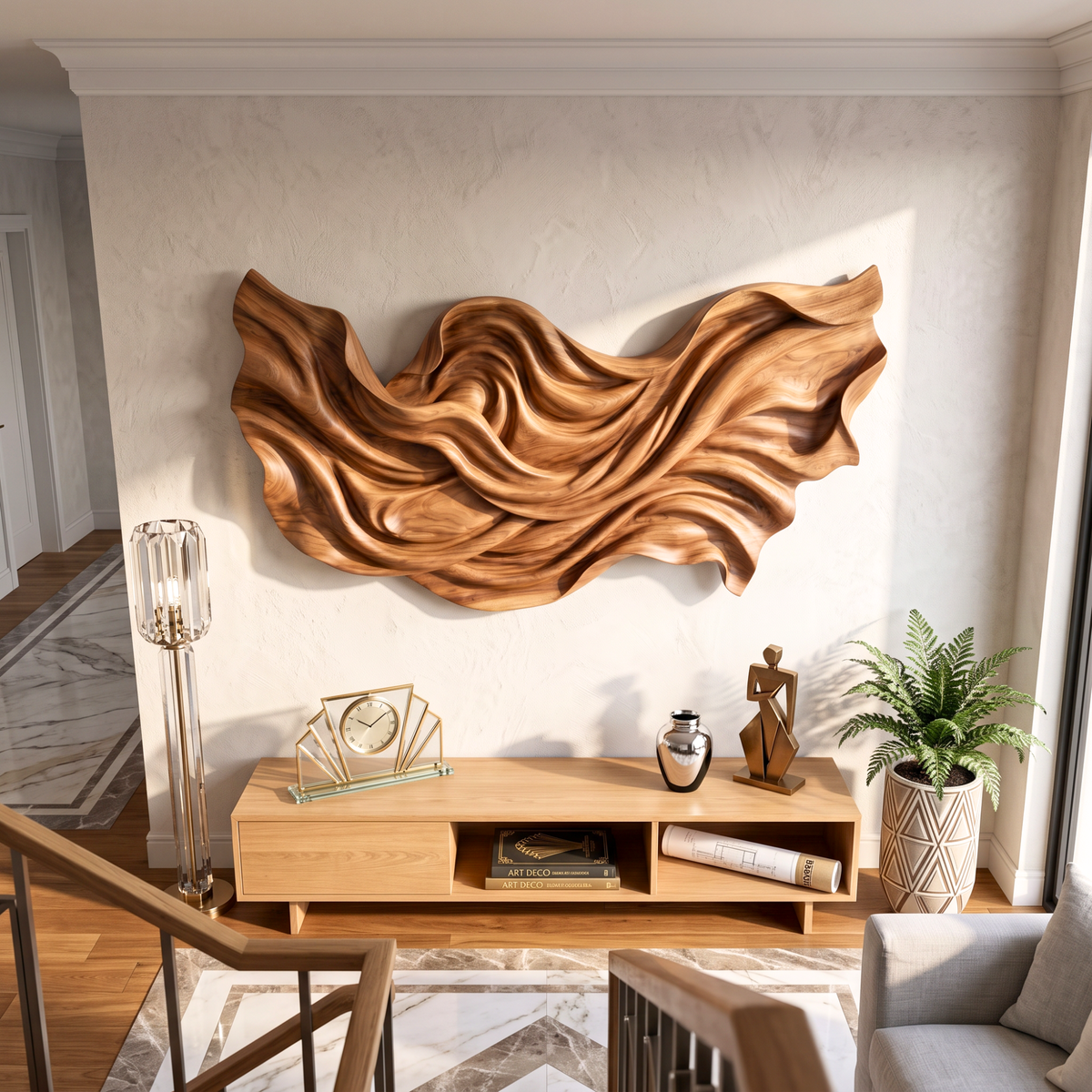 Wall Sculpture Flowing Wood Waves with Sculptural Organic Layers