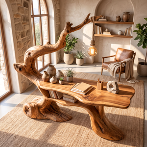 Handcrafted Sculptural Wood Desk with Hanging Light, Tree Inspired Writing Table, Artistic Statement Workspace