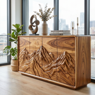 Natural Solid Wood Sideboard with Carved Mountain Landscape