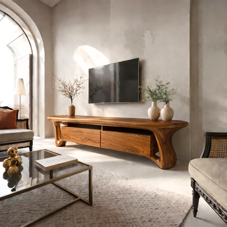 Organic Solid Wood TV Stand with Sculptural Loop Legs and Storage Drawers