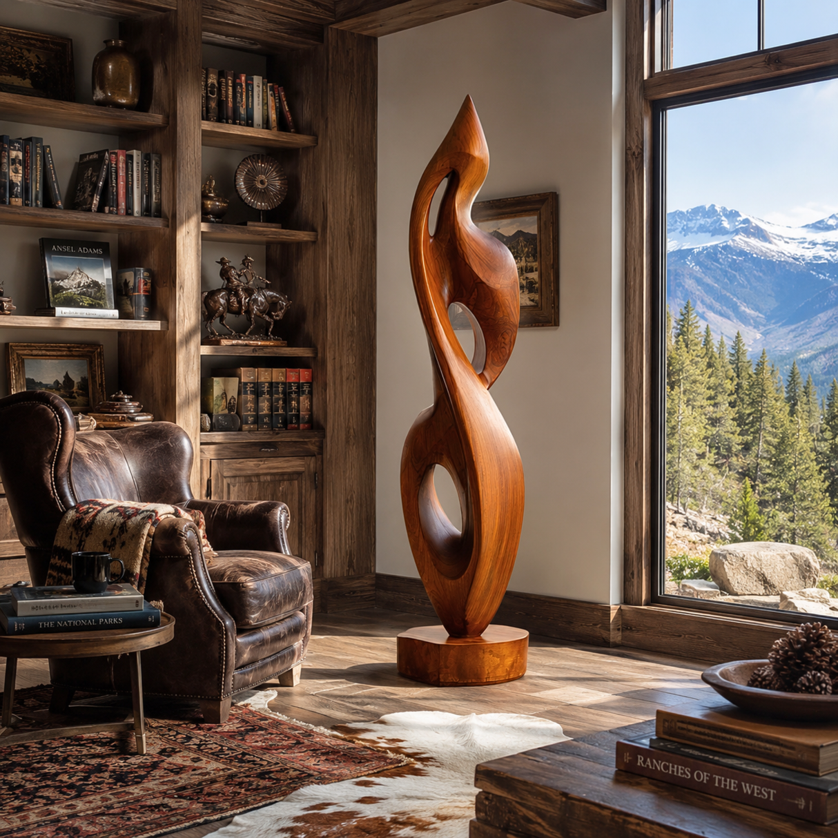 Handcrafted Solid Wood Abstract Floor Sculpture with Flowing Open Form