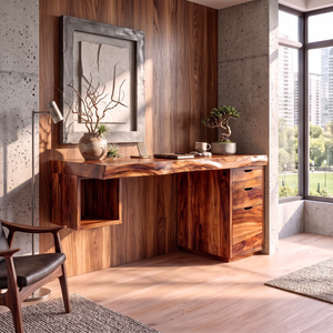 Solid Wood Desk With Drawers And Open Shelf For Home Office