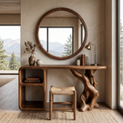 Sculptural Solid Wood Vanity Table with Organic Carved Base and Open Shelf Storage