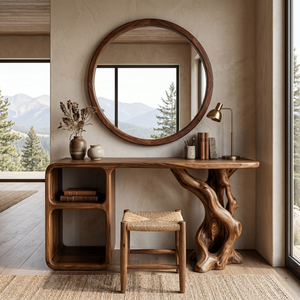 Sculptural Solid Wood Vanity Table with Organic Carved Base and Open Shelf Storage