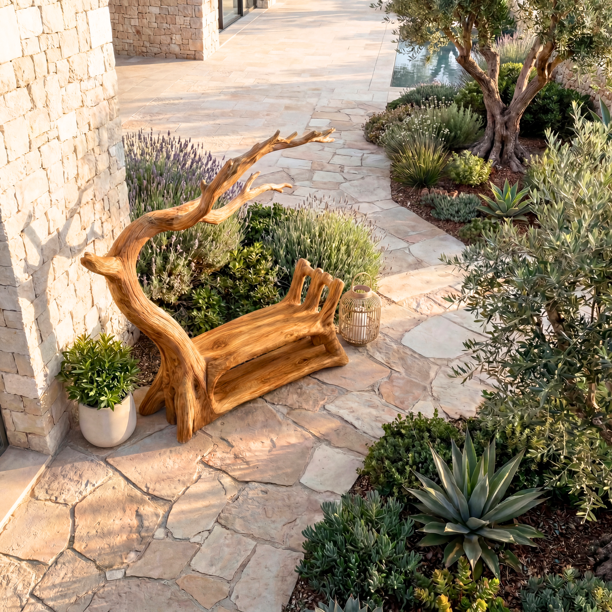 Handmade Tree Branch Wooden Bench Sculpture