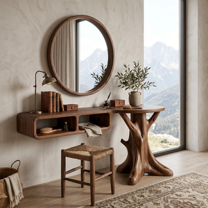 Handcrafted Solid Wood Vanity Console with Rounded Cubbies and Organic Branch Base