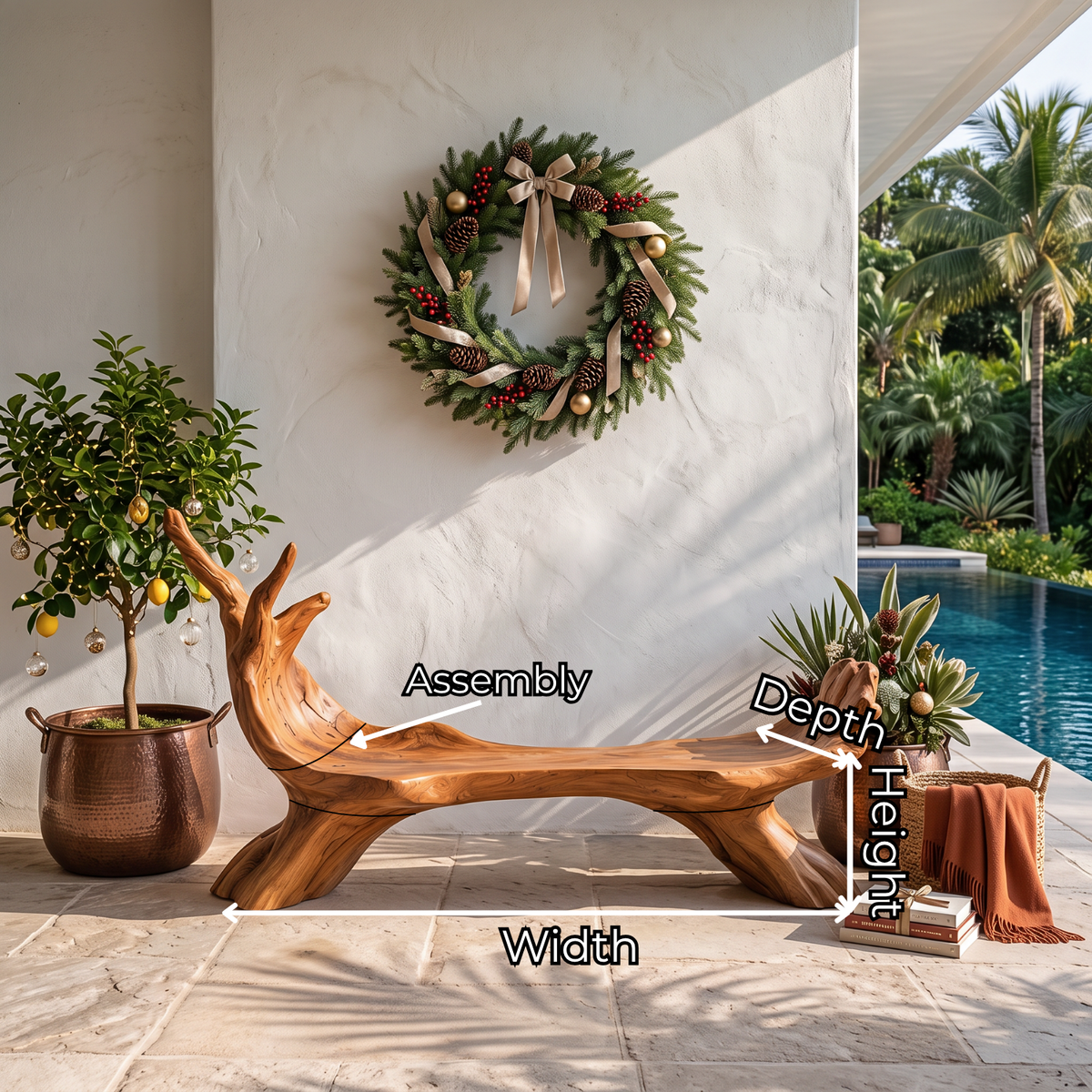 Organic Solid Wood Garden Bench with Sculptural Branch Back for Patio Decor