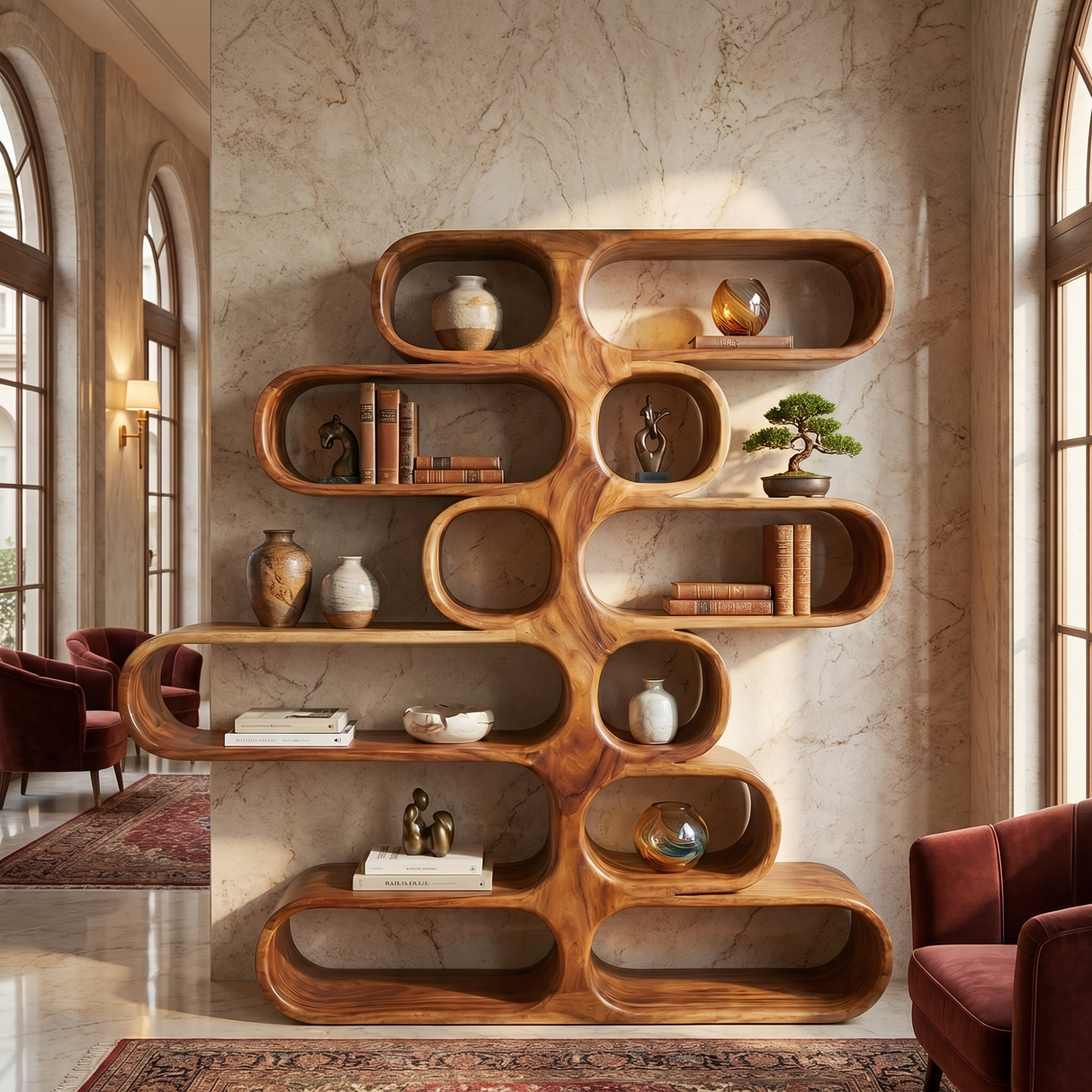 Handcrafted Solid Wood Organic Bookshelf with Rounded Open Display Shelves