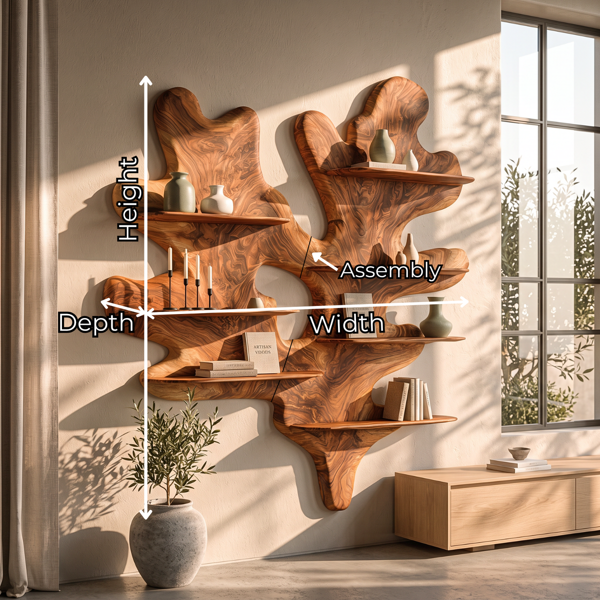 Sculptural Solid Wood Wall Shelf with Organic Leaf Inspired Design