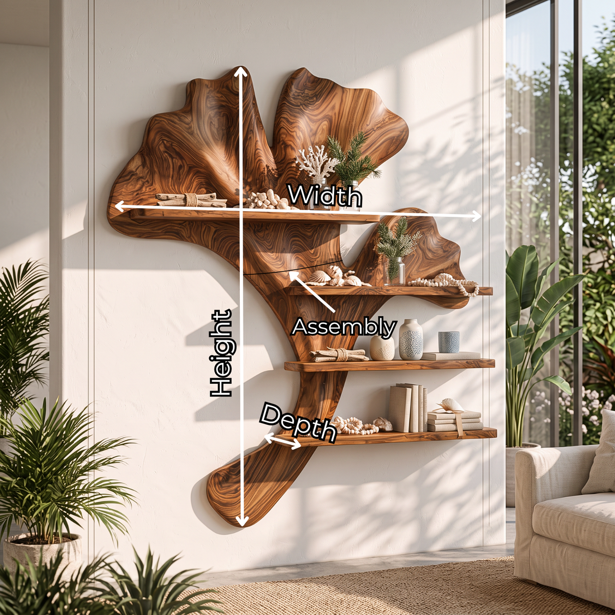 Ginkgo Leaf Solid Wood Wall Shelf with Sculptural Branch Display Design
