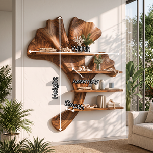 Ginkgo Leaf Solid Wood Wall Shelf with Sculptural Branch Display Design