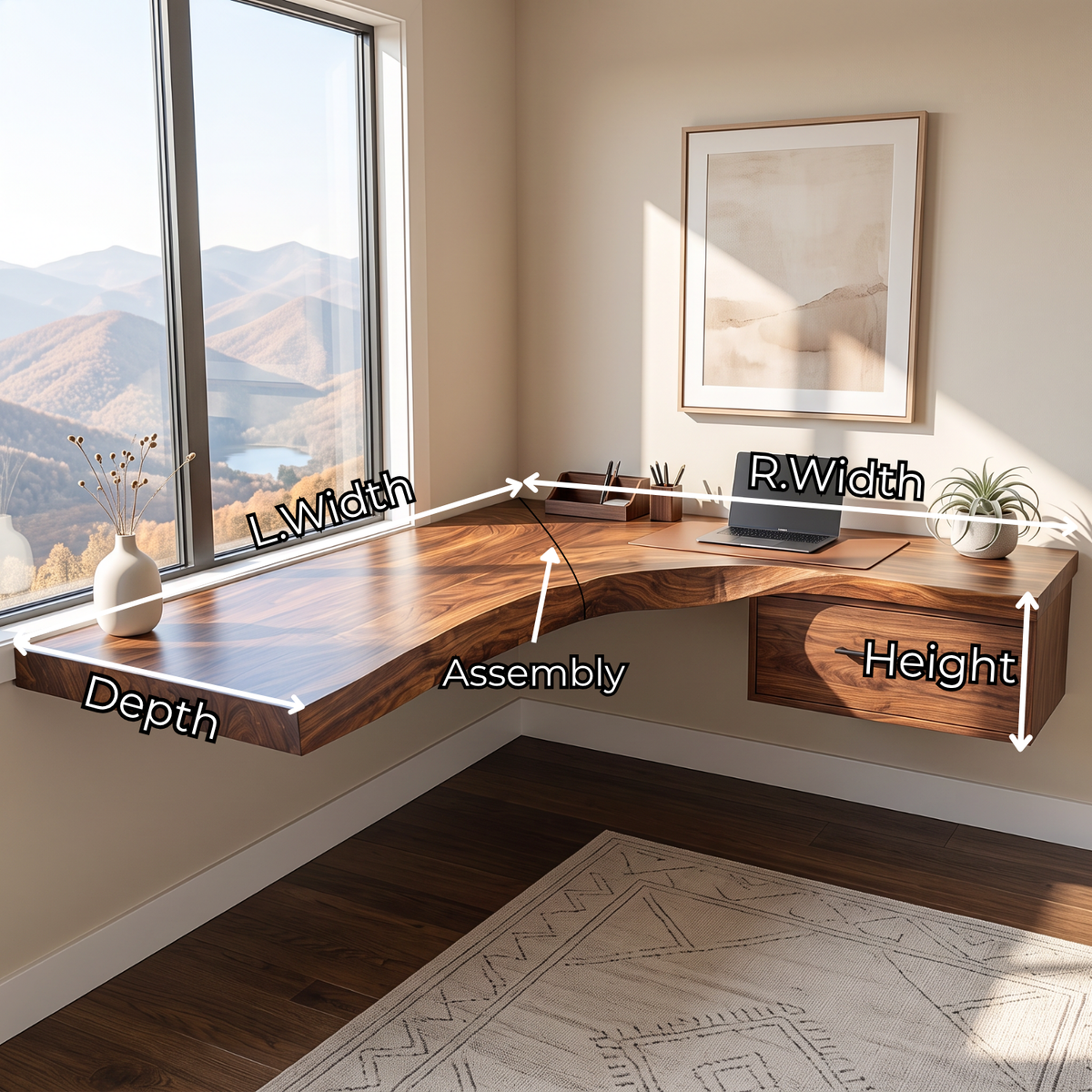 Floating Corner Desk Solid Wood with Live Edge Top and Built-In Drawer for Home Office