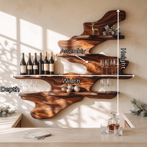 Flowing Wave Solid Wood Wall Wine Rack with Tiered Bottle and Glass Shelves
