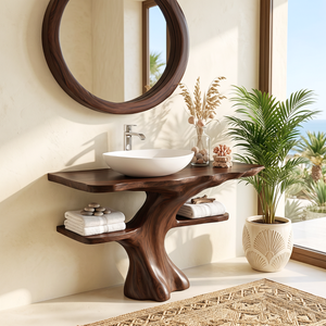 Solid Wood Bathroom Vanity with Sculptural Tree Base and Open Shelves