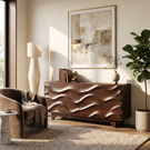 Sideboard Solid Wood with Sculptural Flowing Wave Relief Doors for Entryway Decor