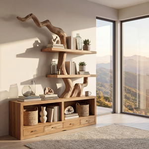 Solid Wood Bookshelf with Sculptural Tree Form and Storage Base