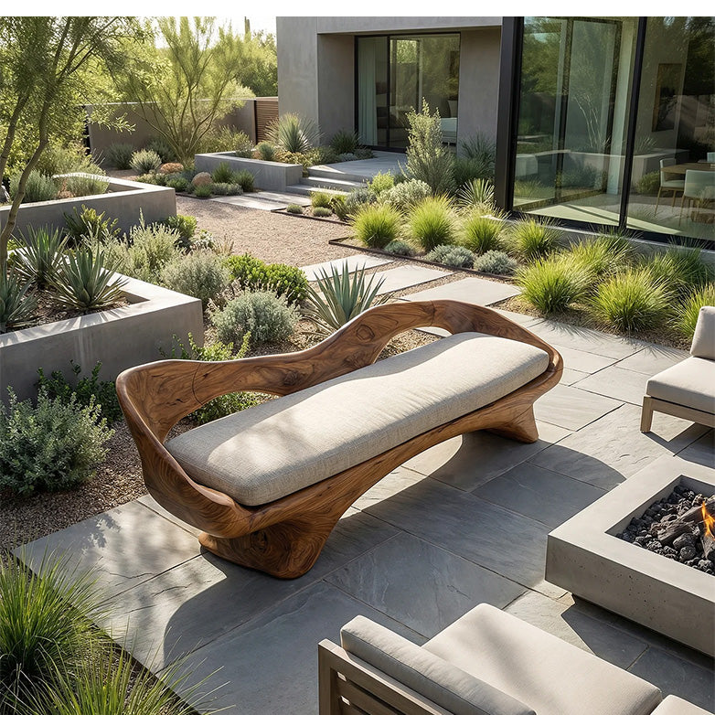 Handcrafted Organic Solid Wood Bench with Cushion Sculptural Modern Seating