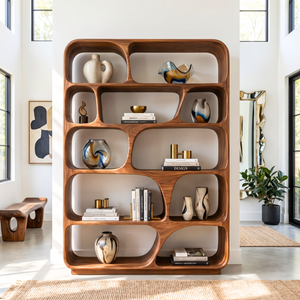 Rounded Solid Wood Bookcase with Organic Grid Shelving and Open Display Compartments