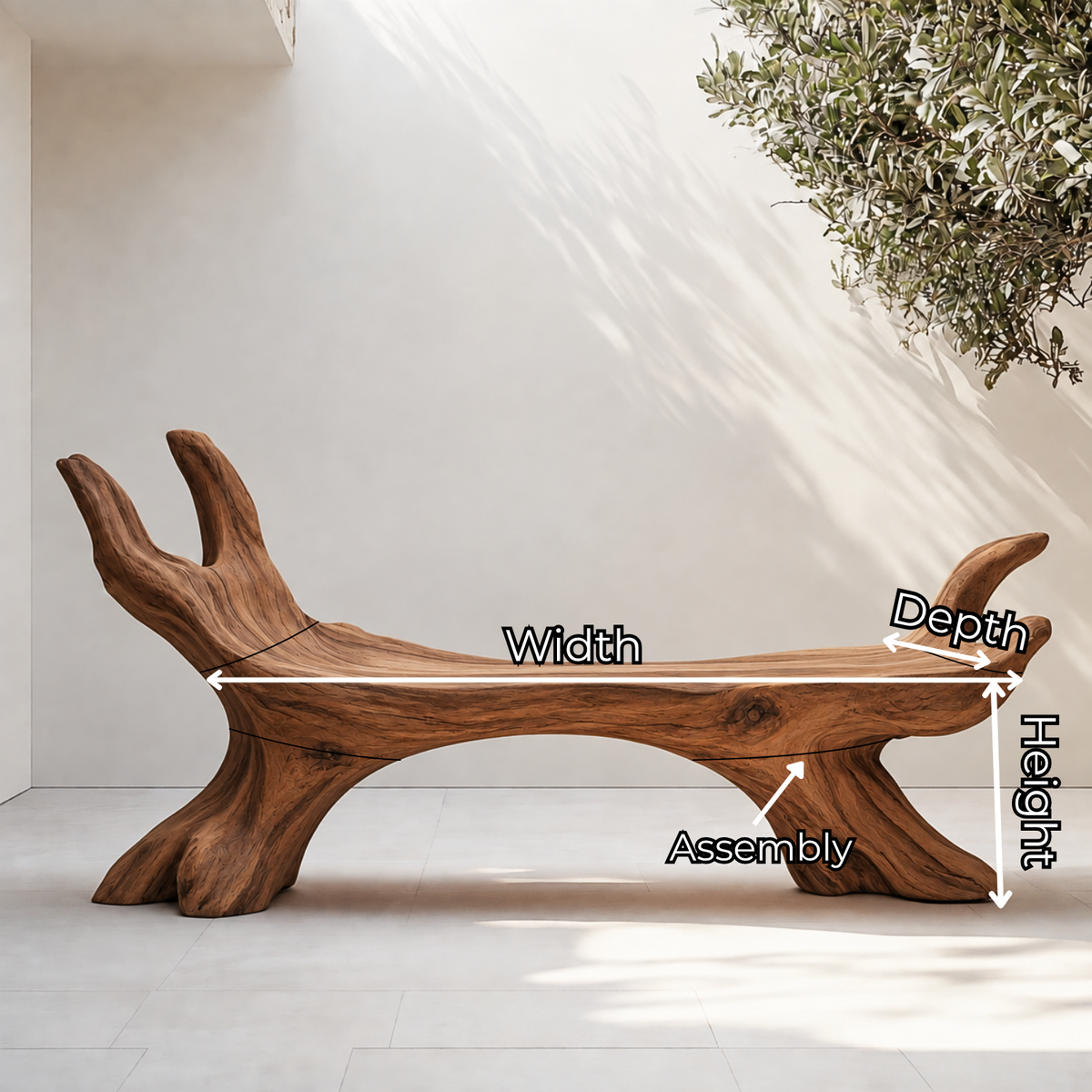Organic Solid Wood Bench with Sculptural Branch Form