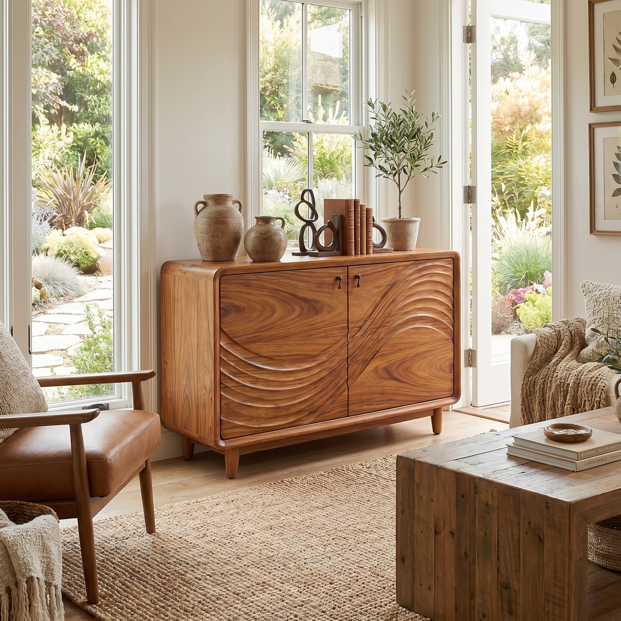 Natural Solid Wood Sideboard with Flowing Relief Carved Front