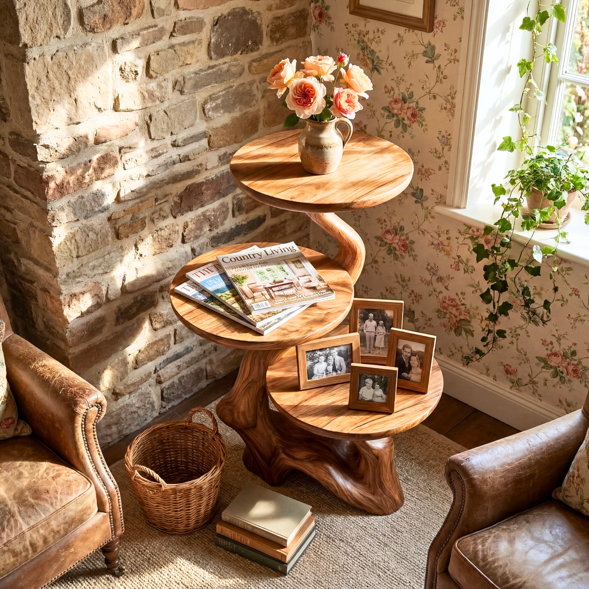 Tree Root Spa Side Table Handmade Wooden Bathroom Accent Shelf