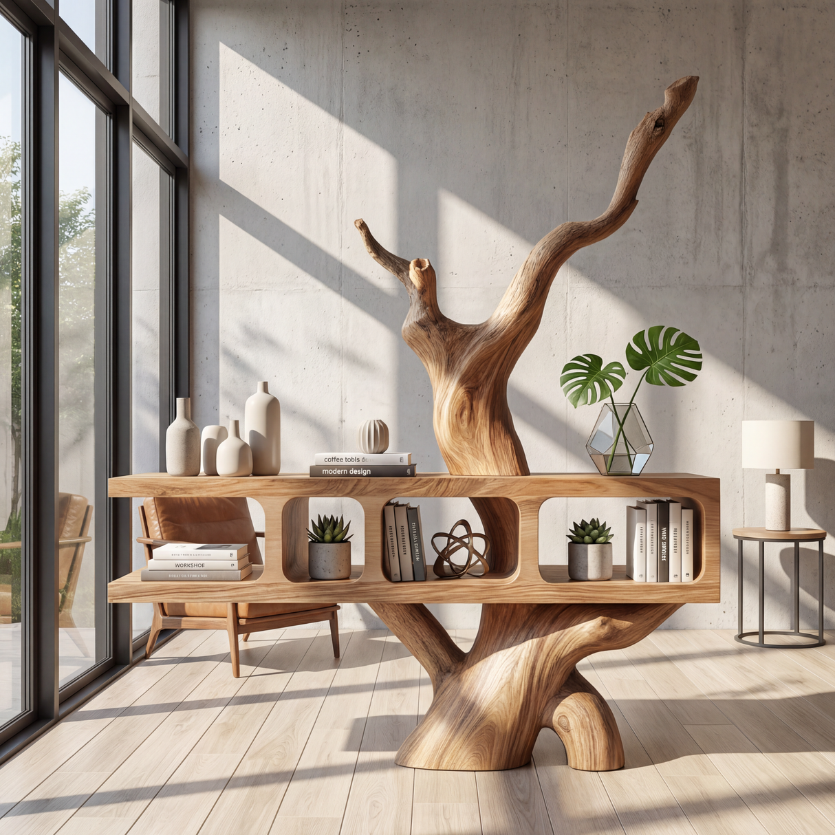 Sculptural Solid Wood Bookshelf with Tree Form Organic Modern Display Shelf Storage Unit