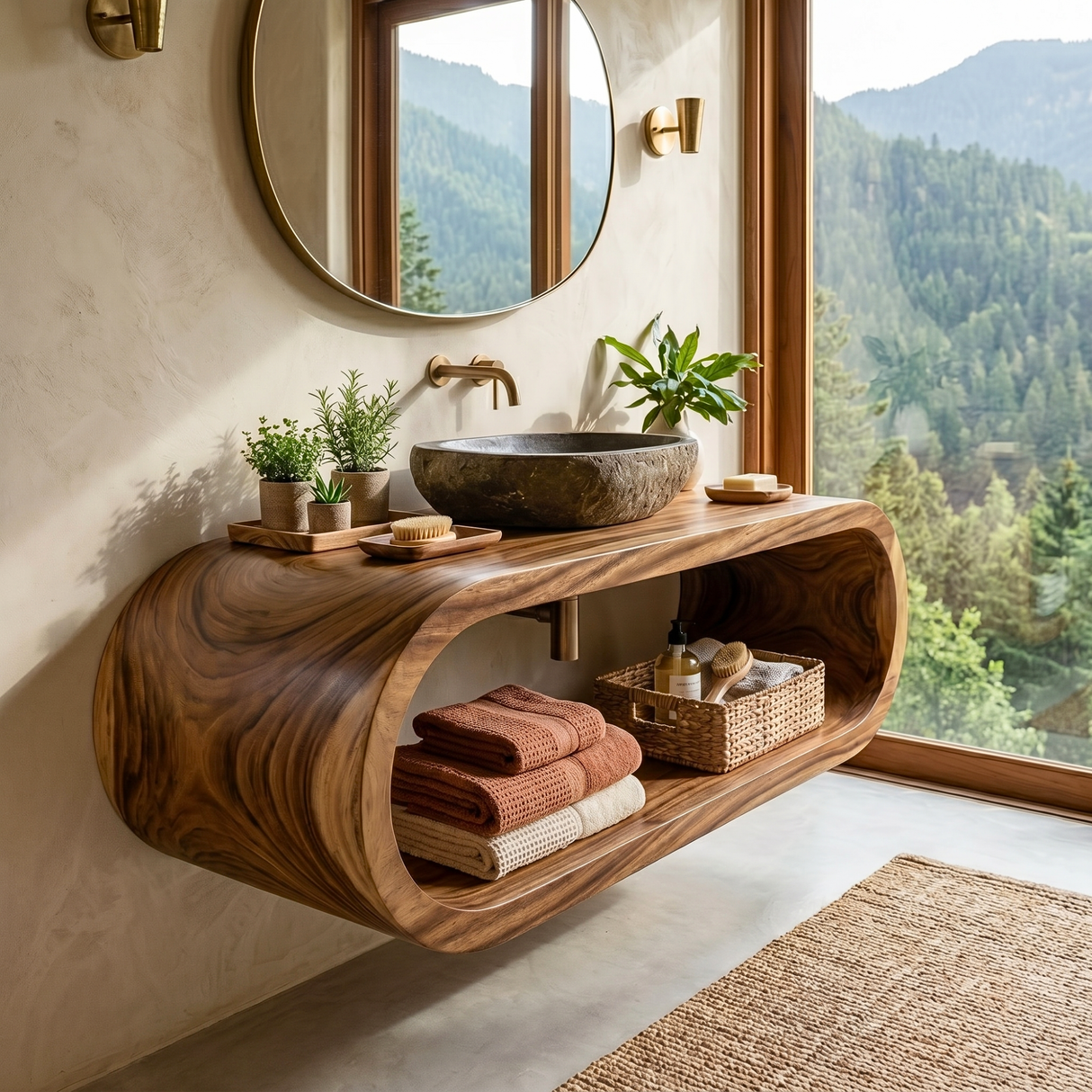 Organic Solid Wood Floating Bathroom Vanity with Sculptural Curved Form