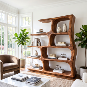 Freeform Solid Wood Bookcase with Rounded Open Shelves and Sculptural Frame