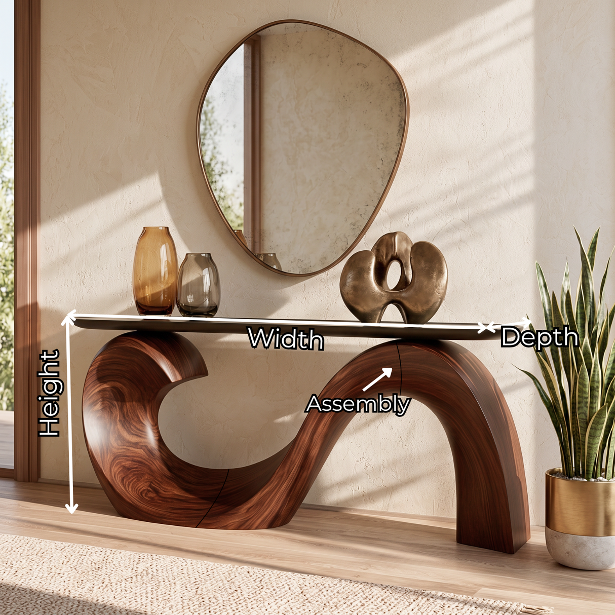 Console Table Solid Wood with Sculptural Wave Loop Base and Dark Top