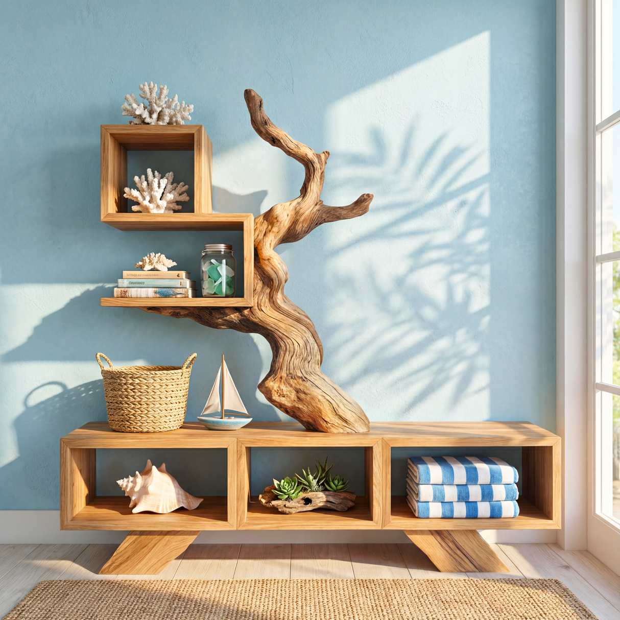 Solid Wood Sculptural Bookshelf with Tree Form Organic Modern Display Shelf Storage Unit