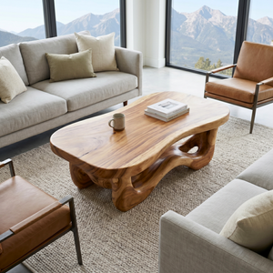 Organic Solid Wood Coffee Table with Flowing Sculptural Base and Soft Rounded Top