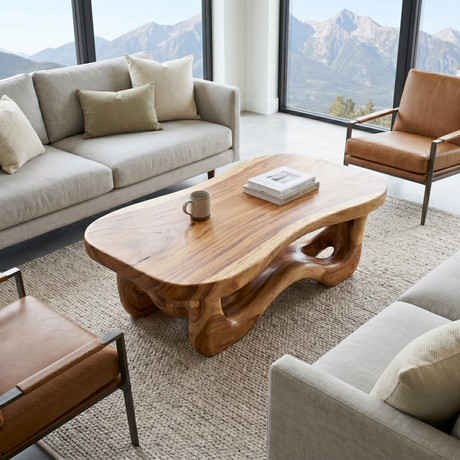 Organic Solid Wood Coffee Table with Flowing Sculptural Base and Soft Rounded Top
