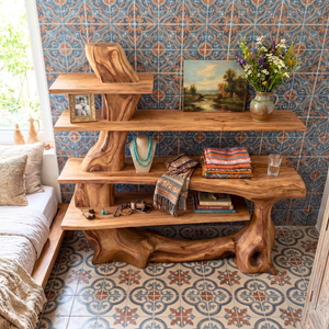 Organic Solid Wood Console Table with Sculptural Base and Open Tier Shelving Artistic Freeform Console Table