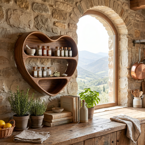 Handcrafted Heart-Shaped Wood Wall Spice Rack with Sculptural Three-Tier Shelves